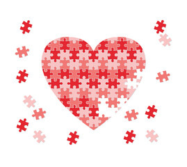 Illustration of a red puzzle heart made of small pieces on a white background