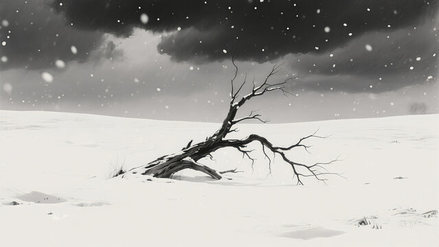 The black and white scene of a solitary tree in the snow represents PTSD, loneliness, and suppressed emotions, suitable for psychological metaphor and artistic expression scenes.