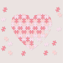 Illustration of a red puzzle heart made of small pieces on a white background