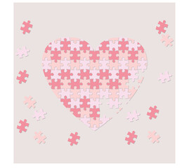 Illustration of a red puzzle heart made of small pieces on a white background