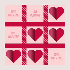 Valentines Day Greeting Cards February 14 Happy Valentines Day Letters with hearts Red paper and virtually red lines cut on pink background.