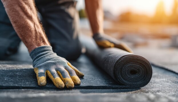 Roofer working with roofing material installation