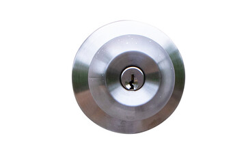 Metal door knob isolated on cutout PNG or transparent background. Used to install door in house. Made strong stable of aluminum metal attached to wooden door, safe from being broken. 