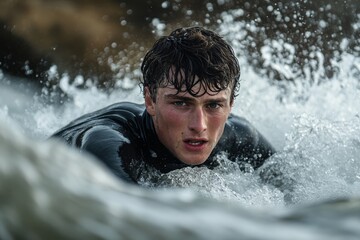 Surfer coming out of the sea, riding a wave with skill and exhilaration as he emerges from the water after a thrilling surf session, Generative AI