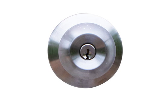 Metal door knob isolated on cutout PNG or transparent background. Used to install door in house. Made strong stable of aluminum metal attached to wooden door, safe from being broken. 