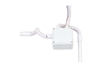 Box small plastic wiring with pipe white isolated on cutout PNG or transparent background. Cables on wires are secured with plastic ties. Conducting wiring. Electrical installation works safety.