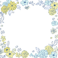 線画の草木。ベクターで描いた草木の花束イラストフレーム。シンプル草木グラフィック。Line drawing grass and trees. Vector drawn grass and trees bouquet illustration frame. Simple grass and trees graphic.