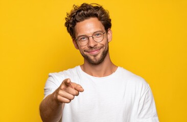 Man pointing on yellow background, eyeglasses