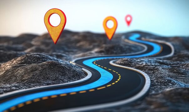 Curved road with blue driving path and location pins over rocky terrain under clear sky