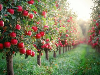 Rows of apple trees laden with ripe red apples in a sunlit orchard with green grass pathway between the trees