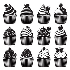 Collection of Delicious Cupcake Silhouettes with Various Toppings
