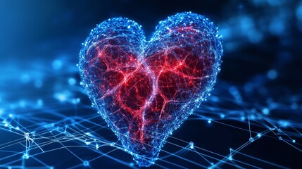 Abstract heart shape with glowing network connections, digital love concept