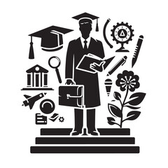 Graduate with Education and Career Icons Silhouette