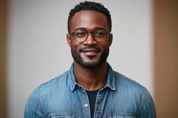 Fototapeta premium Confident smiling man with glasses wearing a denim shirt over black t-shirt posing against a neutral background