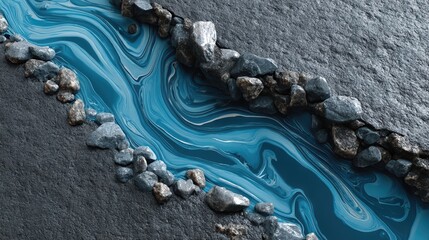 Abstract experimental photography, close-up shot of swirling ink in water, sky blue and granite blending seamlessly into an otherworldly mountain stream, a mesmerizing dance of colors and movement,