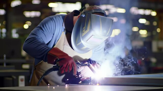 industrial worker in full safety gear including welding helmet gloves and apron performing intense welding on a metal structure bright sparks flying with electric arcs and glowing smoke dim facto