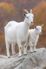 Obraz premium Two White Goats on a Rock in Autumn