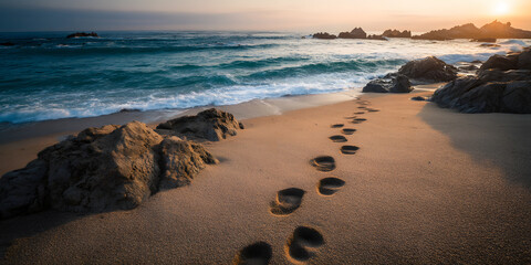 Footprints Leading to a Serene Sunset Beach