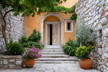 Naklejka premium Open door of traditional mediterranean house inviting to enter