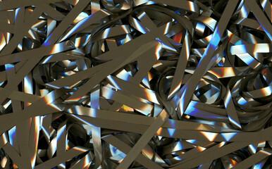 Audio magnetic cassette tape tangled and twisted in an abstract background detail pattern