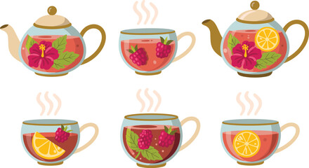 Delightful Cartoon Teapots and Cups with Fresh Fruit and Flowers for Herbal Tea Illustration flat vector illustration