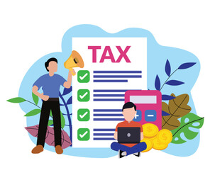 man hold megaphone with big tax form illustration. tax illustration. Monthly expense planning. Tax with businessman flat illustration