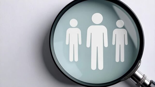 Magnifying glass focusing on human figure silhouettes against a plain white background, symbolizing observation and talent scouting.