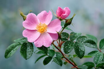 Fototapeta premium Pink rose flower blooming after the rain with water drops