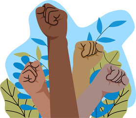 Illustration of clenched fist. multiracial raised fists. labour. juneteenth