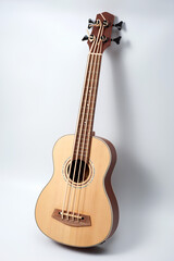Four-string bass ukulele with wooden body and built-in tuner and pickup.