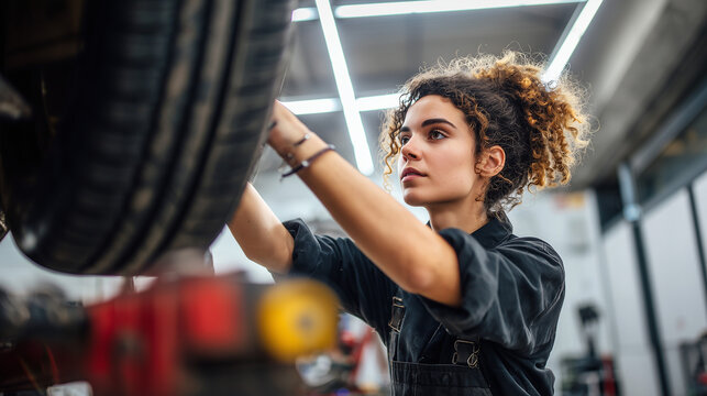 beautiful latina mechanic woman 24 years old changing car tires using automated lift tools in a modern workshop - Powered by Adobe