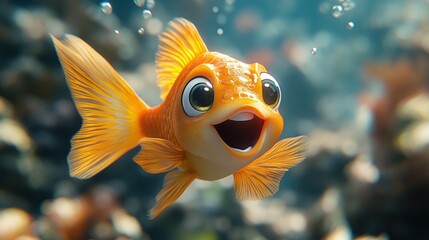 Cute cartoon goldfish swimming happily