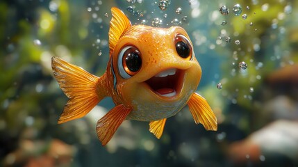Smiling cartoon goldfish in underwater scene