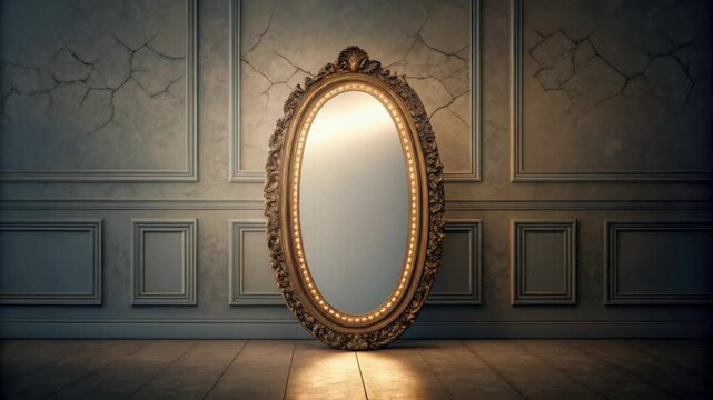 Elegant Antique Oval Mirror Reflecting Light in a Distressed Room Setting Background