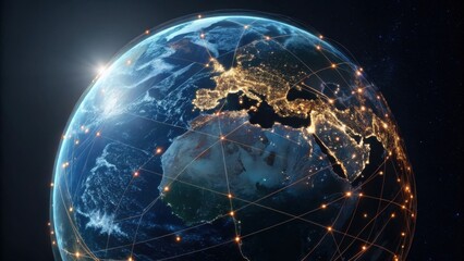 A futuristic digital globe showing Earth with illuminated city networks and interconnected data points across continents at night.