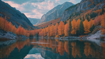 Obraz premium Autumn foliage reflected in a lake surrounded by mountains and a cloudy sky above the landscape