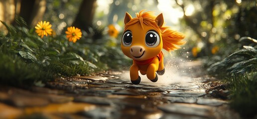Adorable orange pony runs through a sunlit forest path