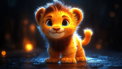 Adorable lion cub, digitally rendered, with soft fur and big eyes