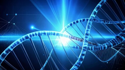 Abstract glowing DNA molecule helix model on blue background with network connections and light rays, science and technology concept - Powered by Adobe