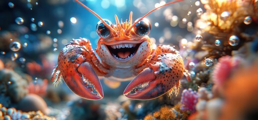 Happy lobster in underwater scene