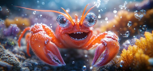 Adorable cartoon crab in underwater scene
