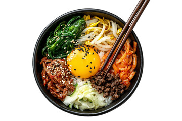 Korean bibimbap dish with fresh vegetables, fried egg, and gochujang sauce in black bowl with chopstick isolated on white transparent background, concept of healthy food