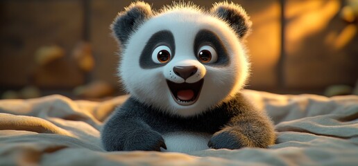Adorable cartoon panda cub resting on a bed