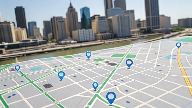 A digital map with location markers overlays a cityscape, symbolizing urban navigation, GPS tracking, and smart city technology integration.