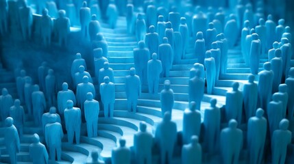 Fototapeta premium Abstract crowd of blue figures on stairs, conceptual art