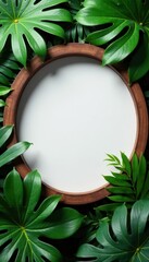 Obraz premium Empty circular wood frame, lush tropical foliage backdrop , natural, wild, bright