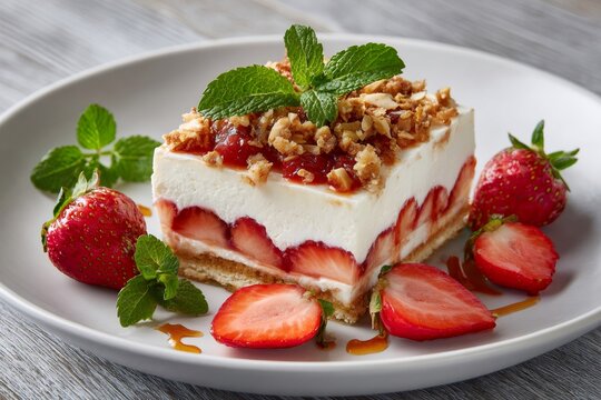Strawberry cheesecake with mint and crunchy topping resting on white plate