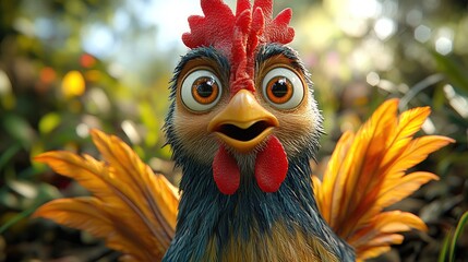 Animated rooster, surprised expression, lush background