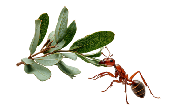 red fire ants are eating leaves and lifting leaves isolated on a transparent  background