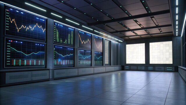 A modern trading room with large digital screens displaying various stock charts and financial data on a sleek, high-tech wall.
